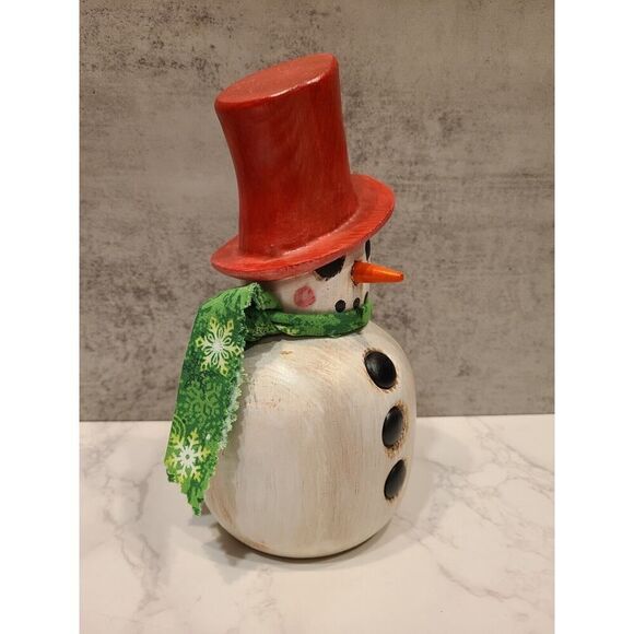 VTG Wooden Hand Painted Folk Art Snowman 7.5" Handmade Holiday Season Décor EUC - Picture 2 of 6